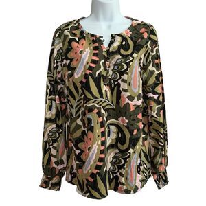 Belle Boho Kim Gravel Autumn Tapestry Smocked Sleeve Blouse Black Olive XS New